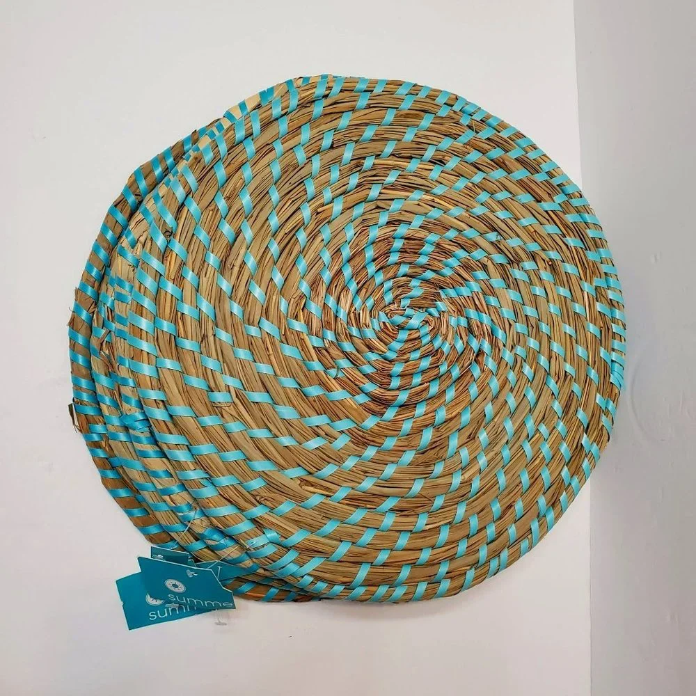 Woven Rattan Placemats, 4pc, Wicker Table Mat, Trivet Hot Mat, Sky Blue Trim NEW